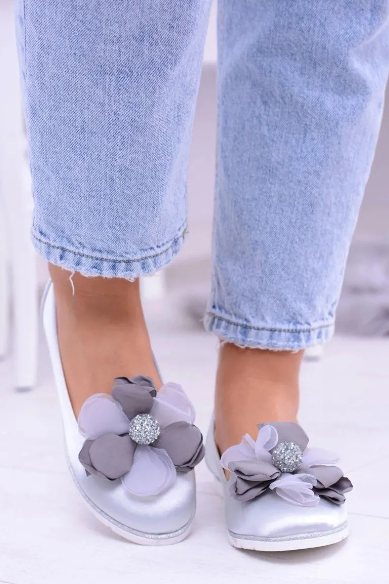 Aksamitne Szare Baleriny Z Dużym Kwiatem Fumiko