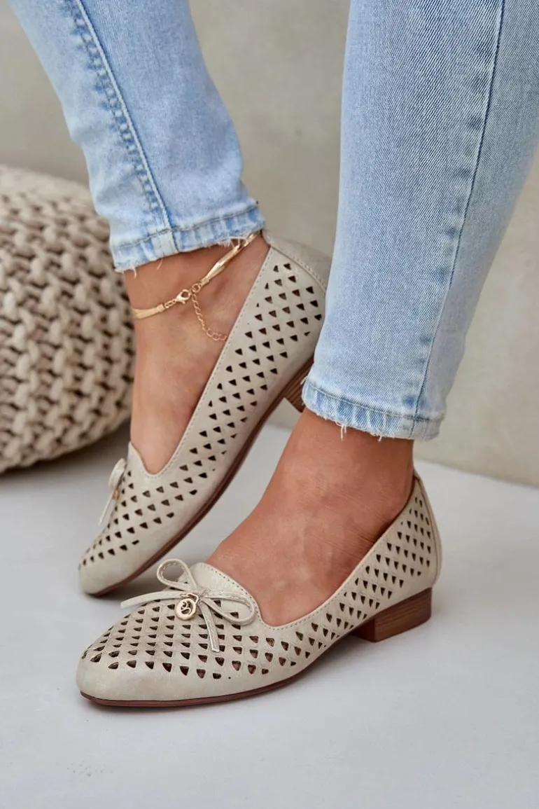 Ażurowe Baleriny Z Kokardką Eko Skórzane Złote Relabra