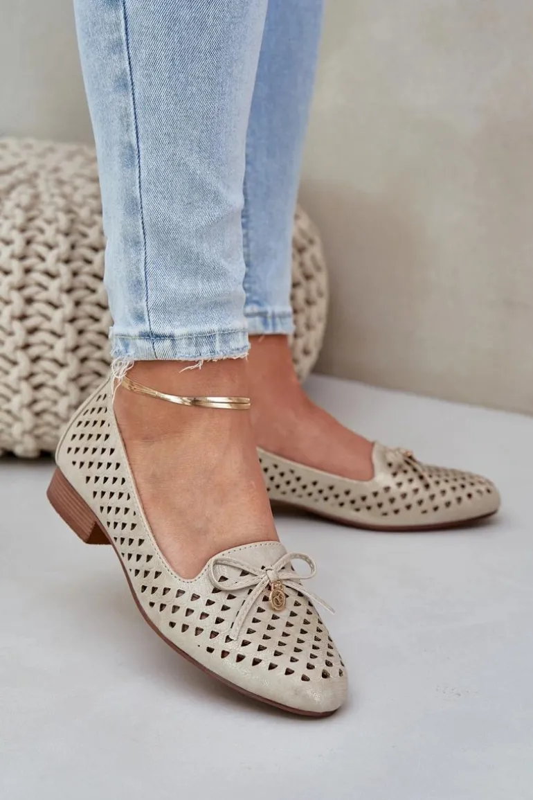 Ażurowe Baleriny Z Kokardką Eko Skórzane Złote Relabra