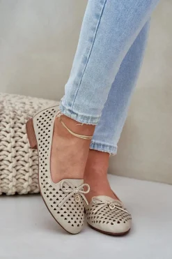 Ażurowe Baleriny Z Kokardką Eko Skórzane Złote Relabra