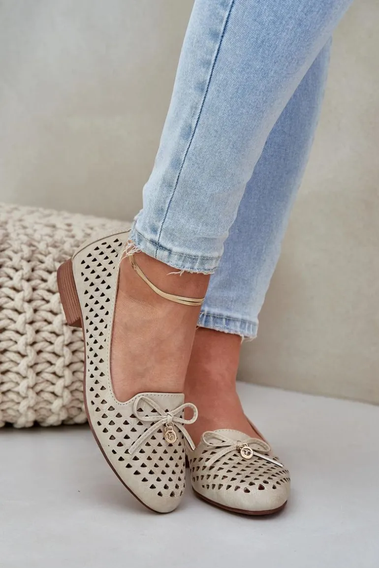 Ażurowe Baleriny Z Kokardką Eko Skórzane Złote Relabra
