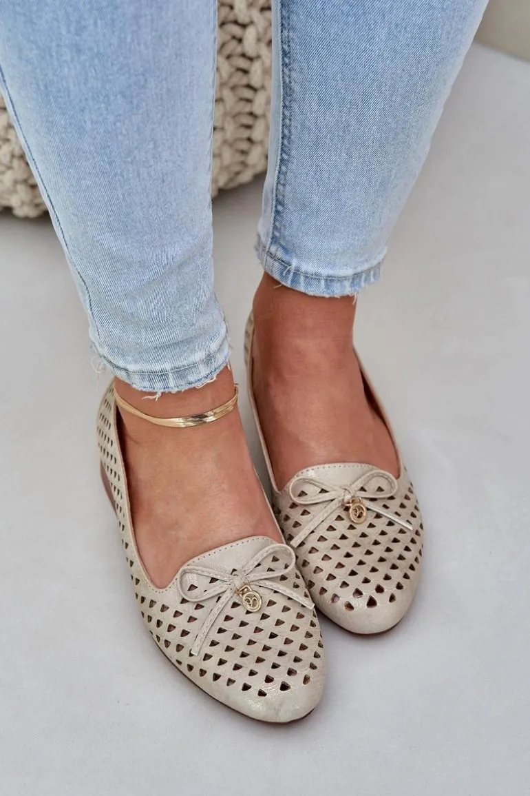 Ażurowe Baleriny Z Kokardką Eko Skórzane Złote Relabra