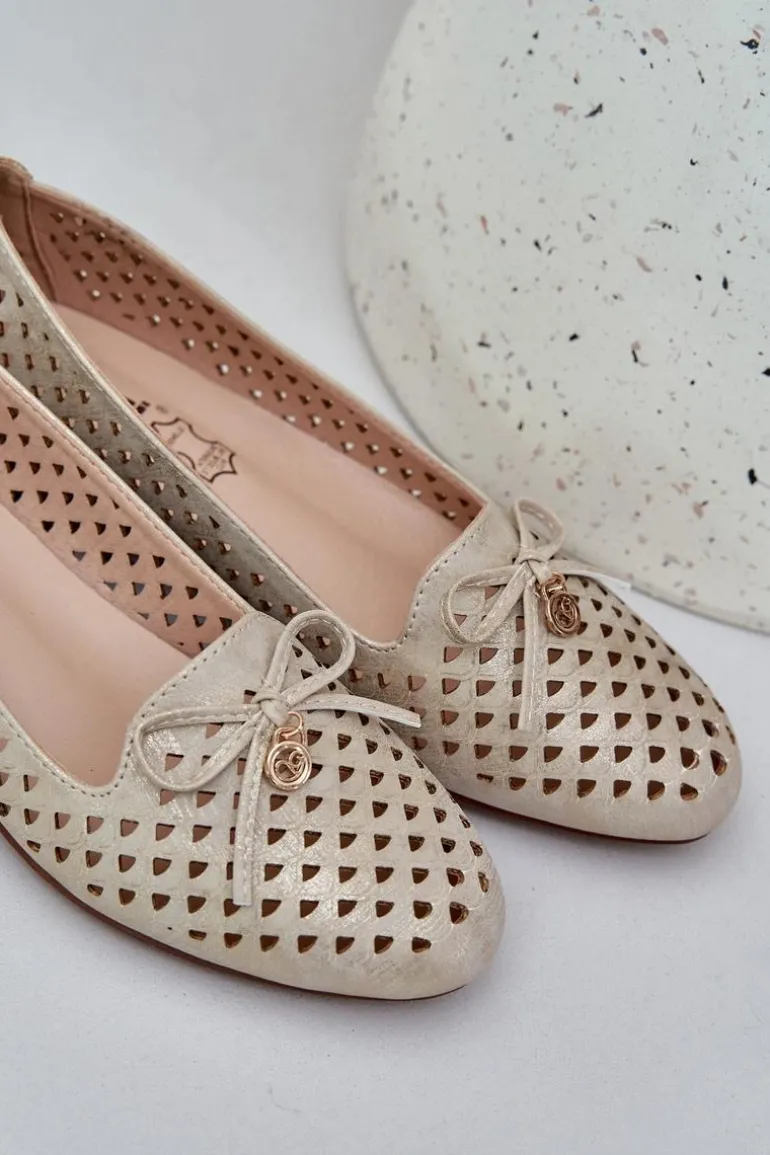 Ażurowe Baleriny Z Kokardką Eko Skórzane Złote Relabra
