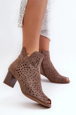 Ażurowe Botki Damskie Eko Zamszowe Na Słupku Z Odkrytymi Palcami Brązowe Halania