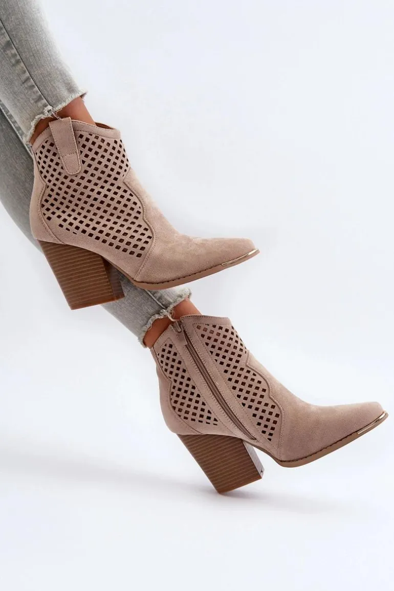Ażurowe Botki Damskie Eko Zamszowe Na Słupku Beżowe Stardara