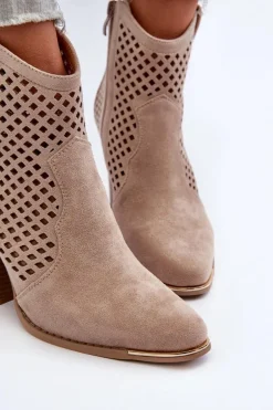 Ażurowe Botki Damskie Eko Zamszowe Na Słupku Beżowe Stardara