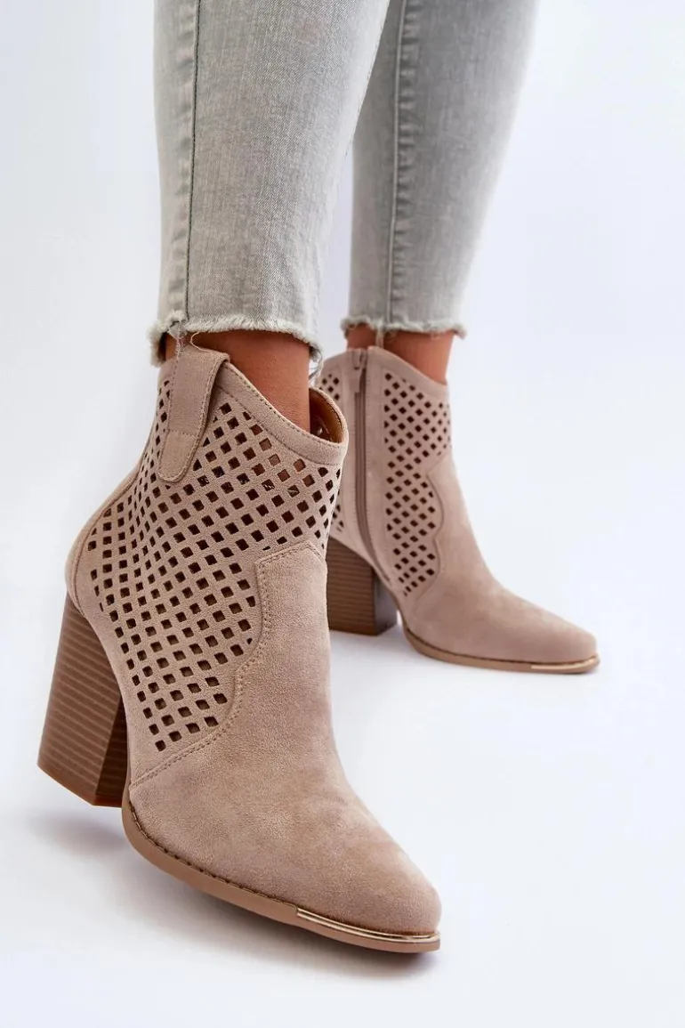Ażurowe Botki Damskie Eko Zamszowe Na Słupku Beżowe Stardara