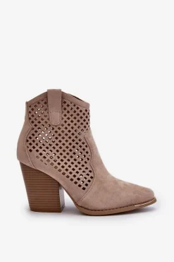 Ażurowe Botki Damskie Eko Zamszowe Na Słupku Beżowe Stardara