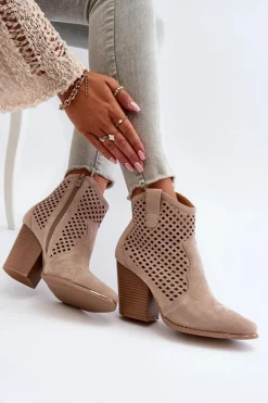 Ażurowe Botki Damskie Eko Zamszowe Na Słupku Beżowe Stardara