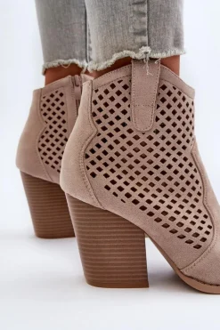 Ażurowe Botki Damskie Eko Zamszowe Na Słupku Beżowe Stardara