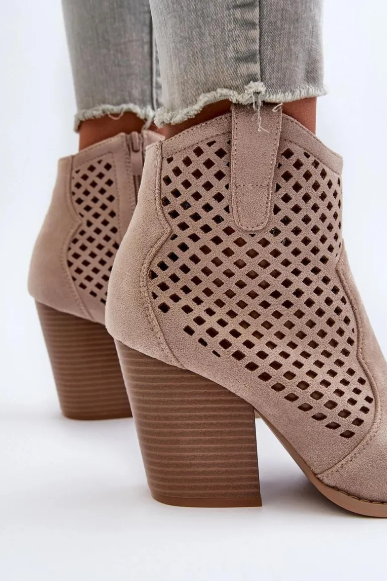 Ażurowe Botki Damskie Eko Zamszowe Na Słupku Beżowe Stardara