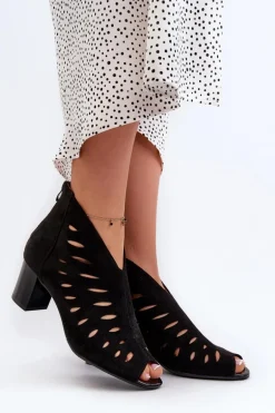Ażurowe Botki Damskie Eko Zamszowe Na Słupku Z Odkrytymi Palcami Czarne Timalre
