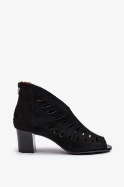 Ażurowe Botki Damskie Eko Zamszowe Na Słupku Z Odkrytymi Palcami Czarne Timalre