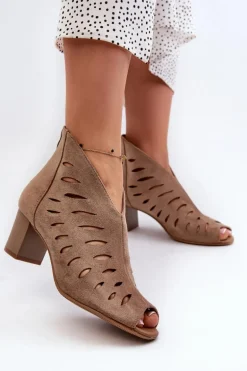 Ażurowe Botki Damskie Eko Zamszowe Na Słupku Z Odkrytymi Palcami Beżowe Timalre