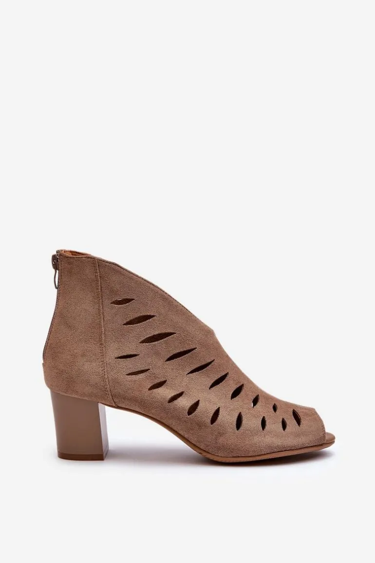Ażurowe Botki Damskie Eko Zamszowe Na Słupku Z Odkrytymi Palcami Beżowe Timalre