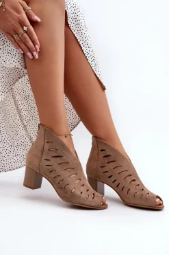 Ażurowe Botki Damskie Eko Zamszowe Na Słupku Z Odkrytymi Palcami Beżowe Timalre