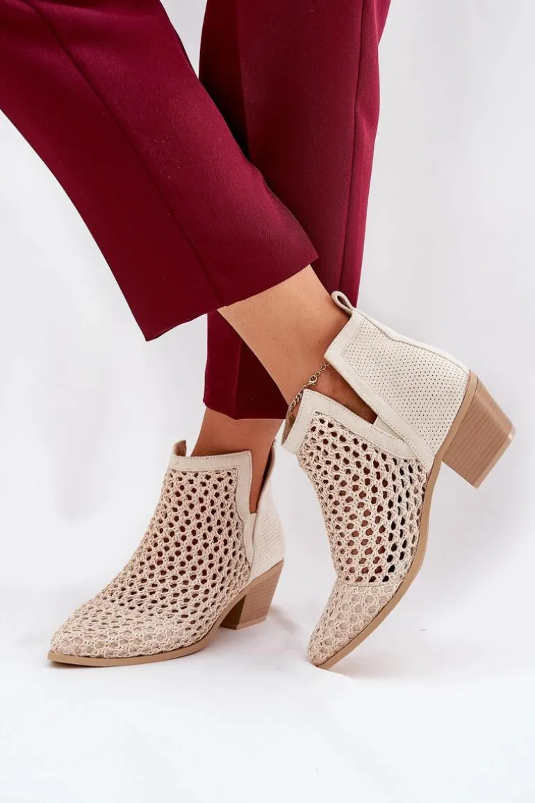 Ażurowe Botki Damskie Na Obcasie Z Wycięciami I Plecionką Jasnobeżowe Tulifedi