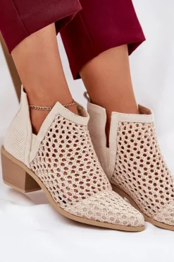 Ażurowe Botki Damskie Na Obcasie Z Wycięciami I Plecionką Jasnobeżowe Tulifedi