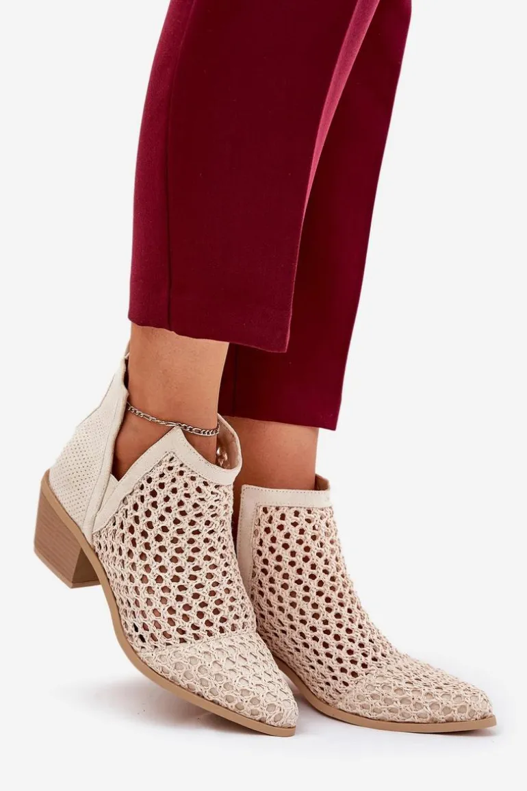 Ażurowe Botki Damskie Na Obcasie Z Wycięciami I Plecionką Jasnobeżowe Tulifedi