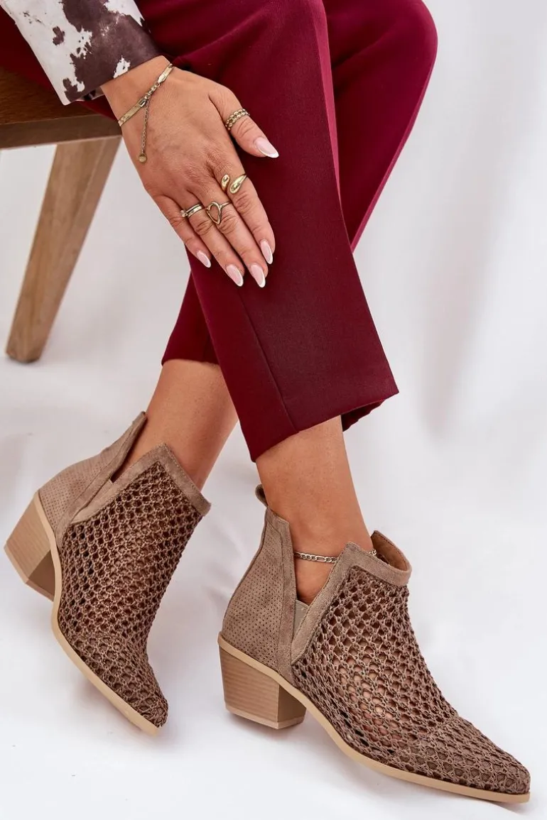 Ażurowe Botki Damskie Na Obcasie Z Wycięciami I Plecionką Khaki Tulifedi