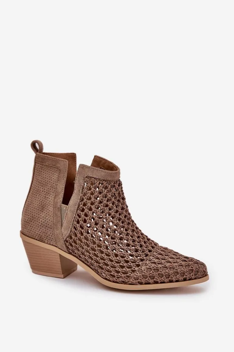 Ażurowe Botki Damskie Na Obcasie Z Wycięciami I Plecionką Khaki Tulifedi
