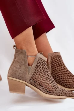Ażurowe Botki Damskie Na Obcasie Z Wycięciami I Plecionką Khaki Tulifedi