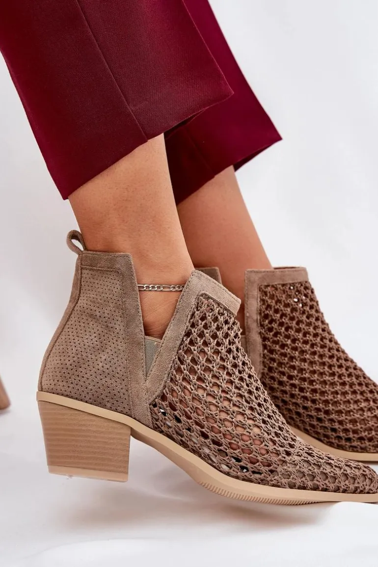 Ażurowe Botki Damskie Na Obcasie Z Wycięciami I Plecionką Khaki Tulifedi