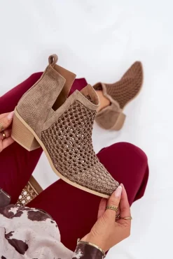 Ażurowe Botki Damskie Na Obcasie Z Wycięciami I Plecionką Khaki Tulifedi