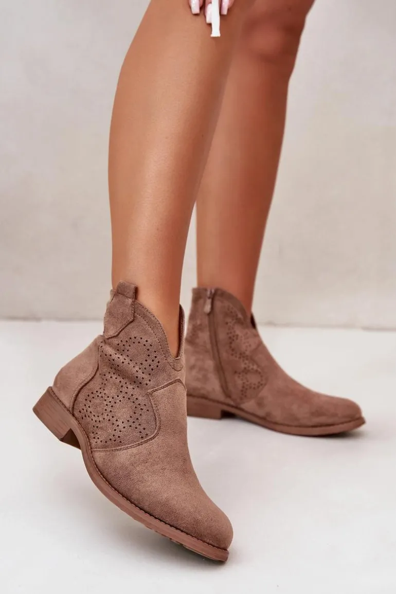 Ażurowe Botki Damskie Na Płaskim Obcasie Brązowe S.Barski HY42-151