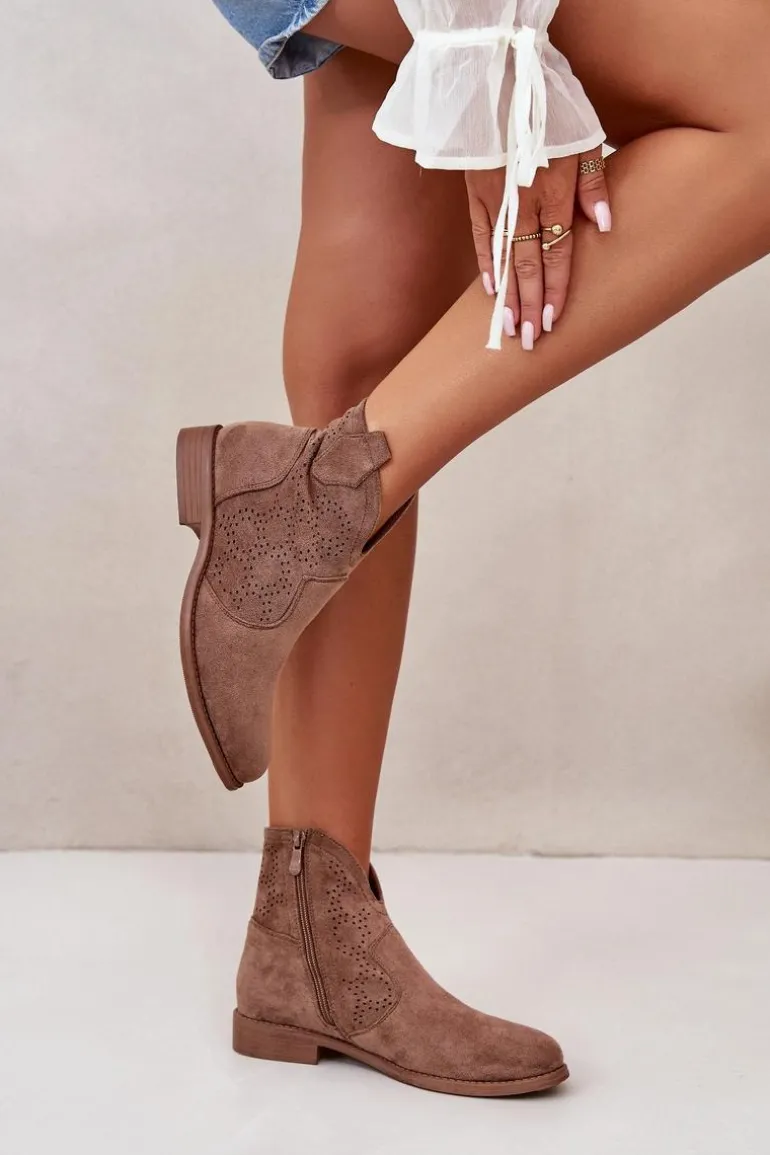 Ażurowe Botki Damskie Na Płaskim Obcasie Brązowe S.Barski HY42-151