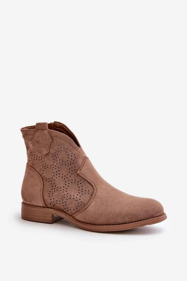 Ażurowe Botki Damskie Na Płaskim Obcasie Brązowe S.Barski HY42-151