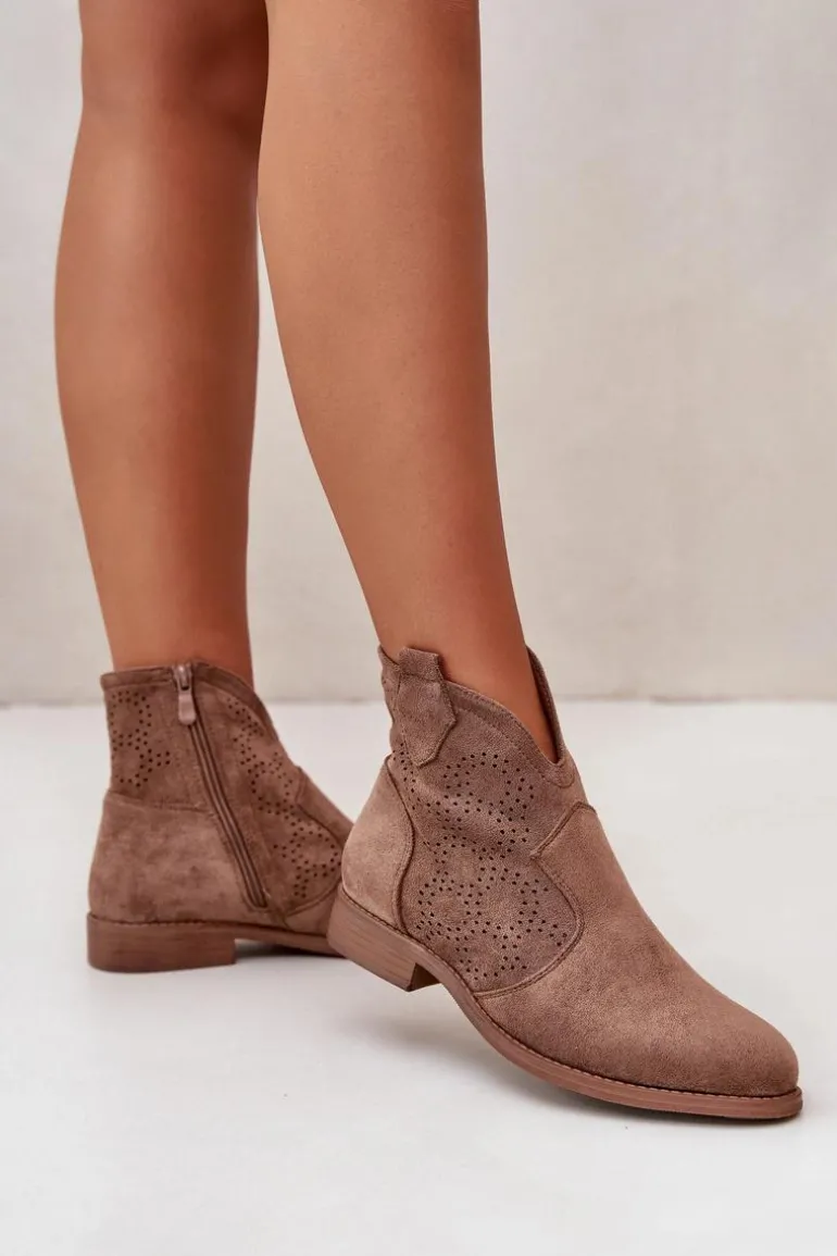 Ażurowe Botki Damskie Na Płaskim Obcasie Brązowe S.Barski HY42-151