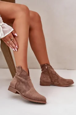 Ażurowe Botki Damskie Na Płaskim Obcasie Brązowe S.Barski HY42-151
