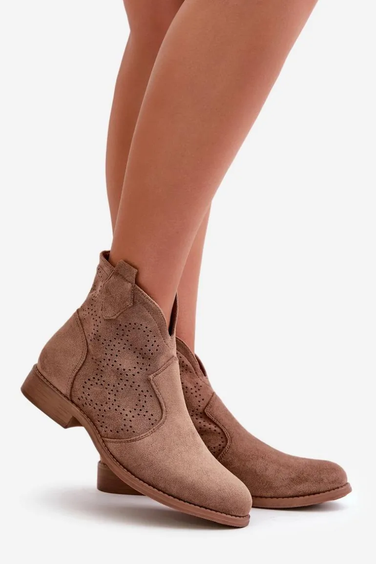 Ażurowe Botki Damskie Na Płaskim Obcasie Brązowe S.Barski HY42-151