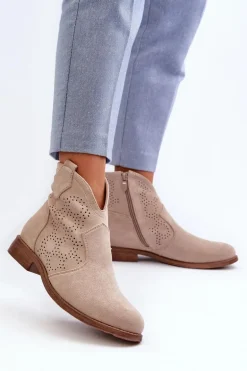 Ażurowe Botki Damskie Na Płaskim Obcasie Jasnobeżowe S.Barski HY66-151