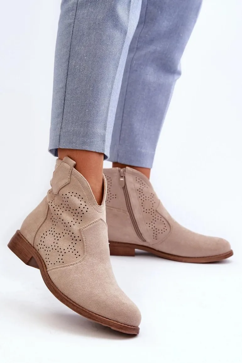 Ażurowe Botki Damskie Na Płaskim Obcasie Jasnobeżowe S.Barski HY66-151