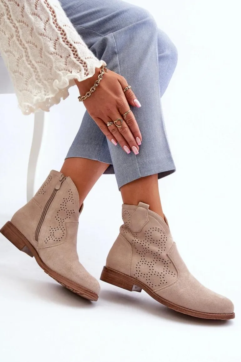 Ażurowe Botki Damskie Na Płaskim Obcasie Jasnobeżowe S.Barski HY66-151