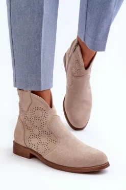 Ażurowe Botki Damskie Na Płaskim Obcasie Jasnobeżowe S.Barski HY66-151