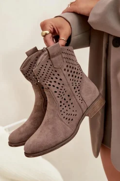 Ażurowe Botki Damskie Na Płaskim Obcasie Ciemnobeżowe Amisna