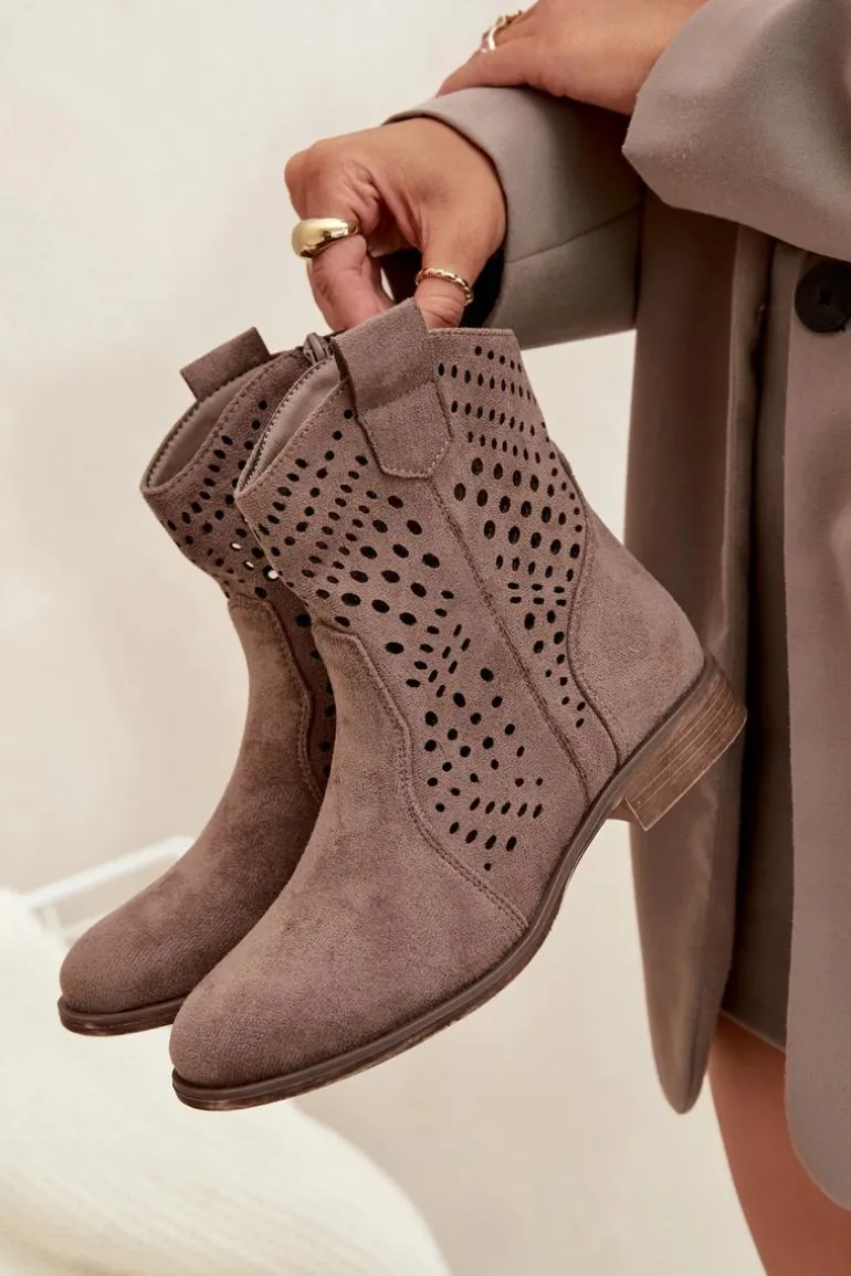 Ażurowe Botki Damskie Na Płaskim Obcasie Ciemnobeżowe Amisna