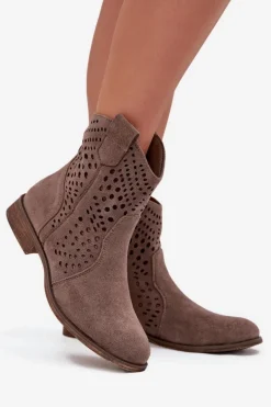 Ażurowe Botki Damskie Na Płaskim Obcasie Ciemnobeżowe Amisna
