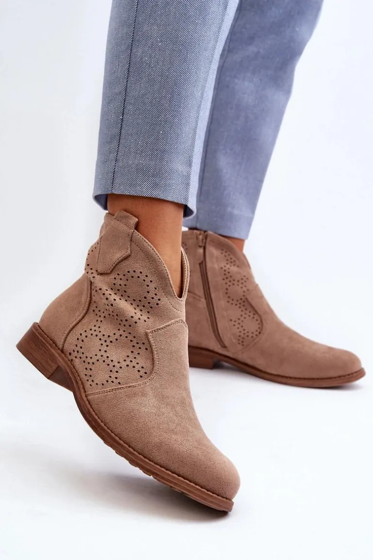 Ażurowe Botki Damskie Na Płaskim Obcasie Beżowe S.Barski HY66-151