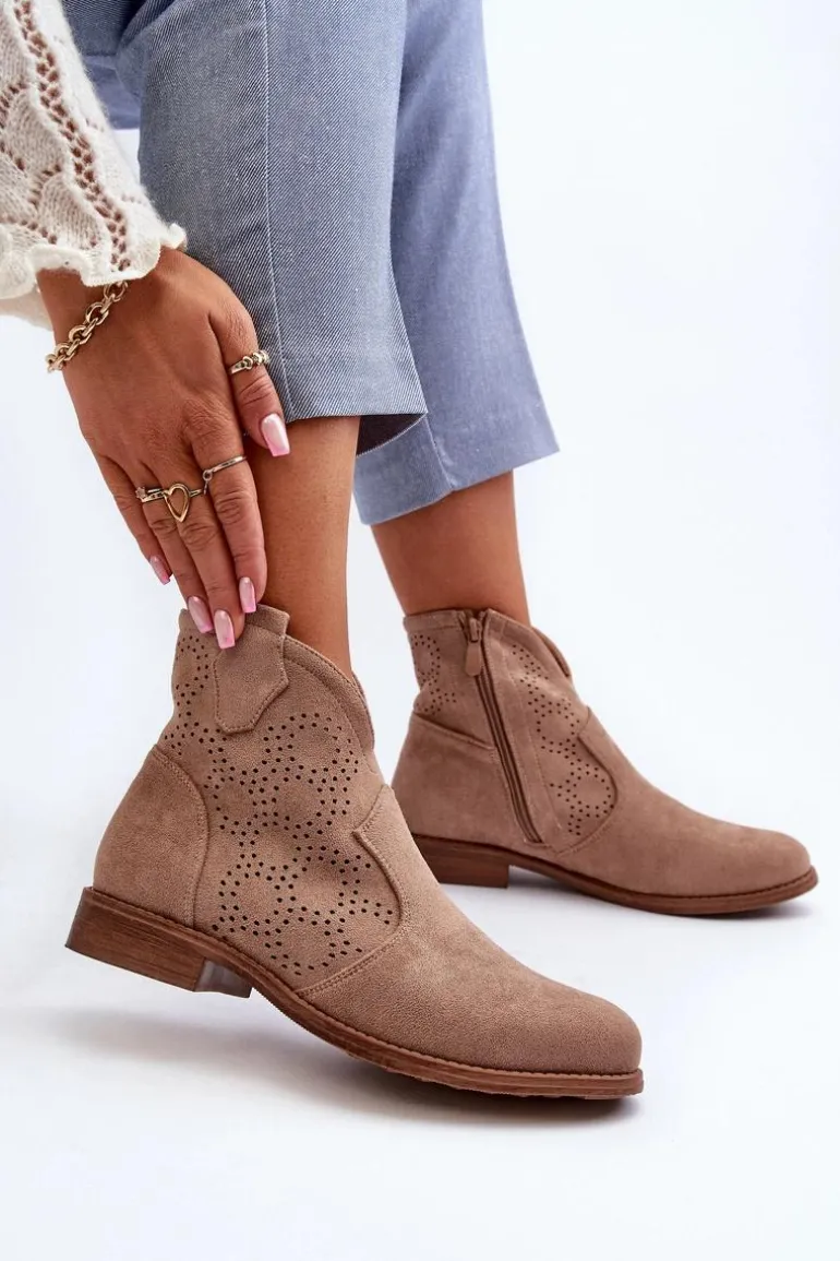 Ażurowe Botki Damskie Na Płaskim Obcasie Beżowe S.Barski HY66-151
