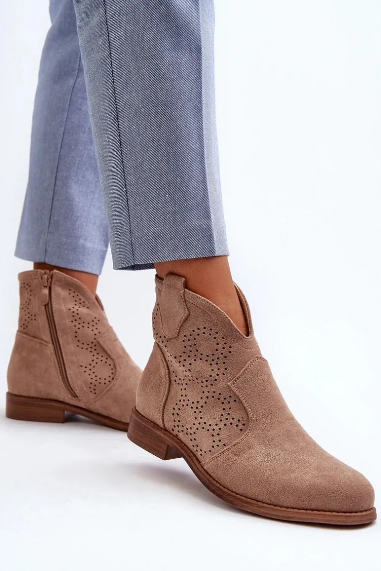 Ażurowe Botki Damskie Na Płaskim Obcasie Beżowe S.Barski HY66-151