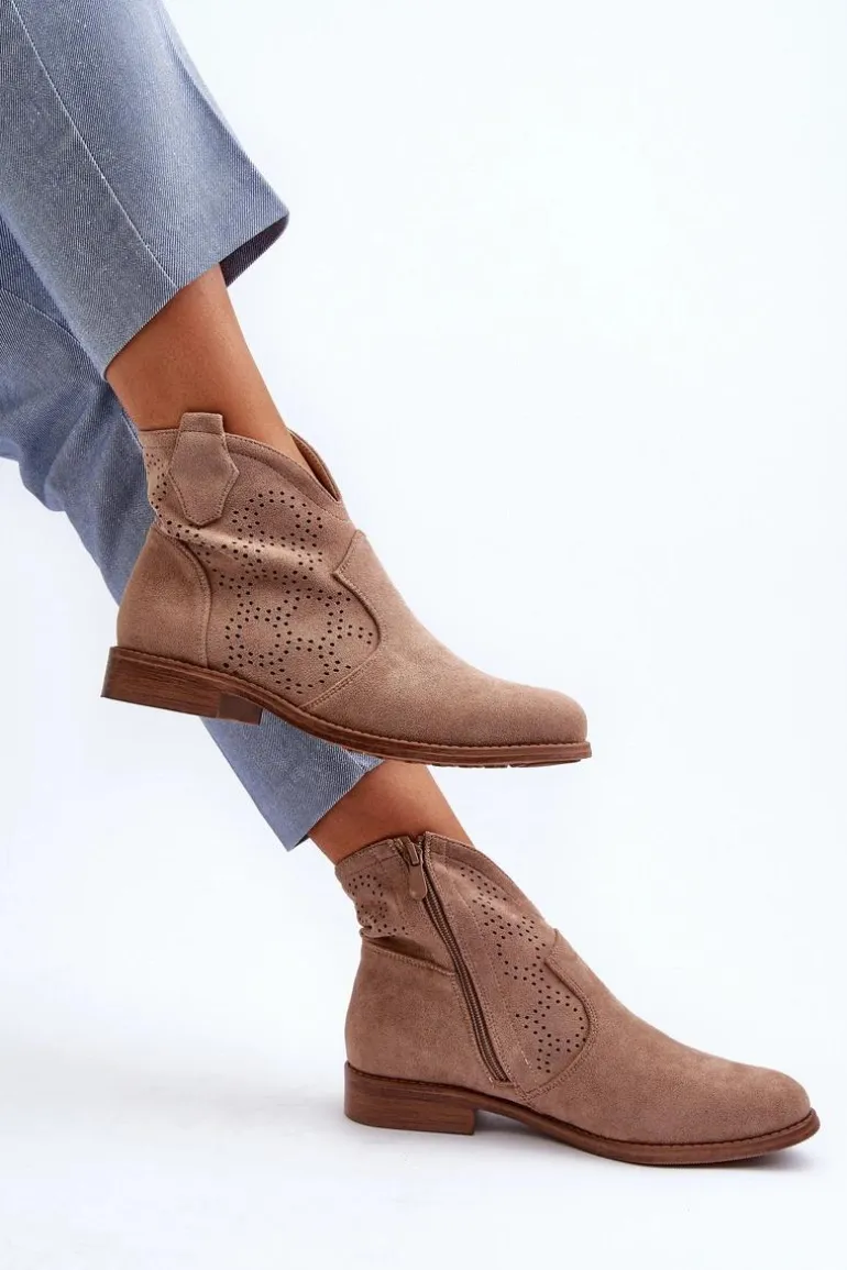 Ażurowe Botki Damskie Na Płaskim Obcasie Beżowe S.Barski HY66-151