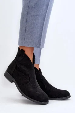 Ażurowe Botki Damskie Na Płaskim Obcasie Czarne S.Barski HY66-151