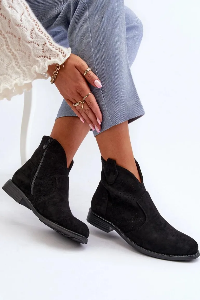 Ażurowe Botki Damskie Na Płaskim Obcasie Czarne S.Barski HY66-151