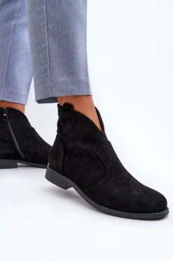 Ażurowe Botki Damskie Na Płaskim Obcasie Czarne S.Barski HY66-151