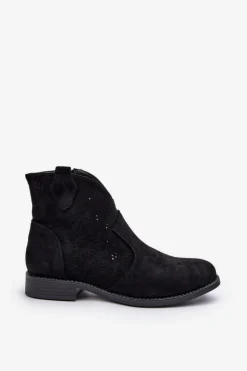 Ażurowe Botki Damskie Na Płaskim Obcasie Czarne S.Barski HY66-151