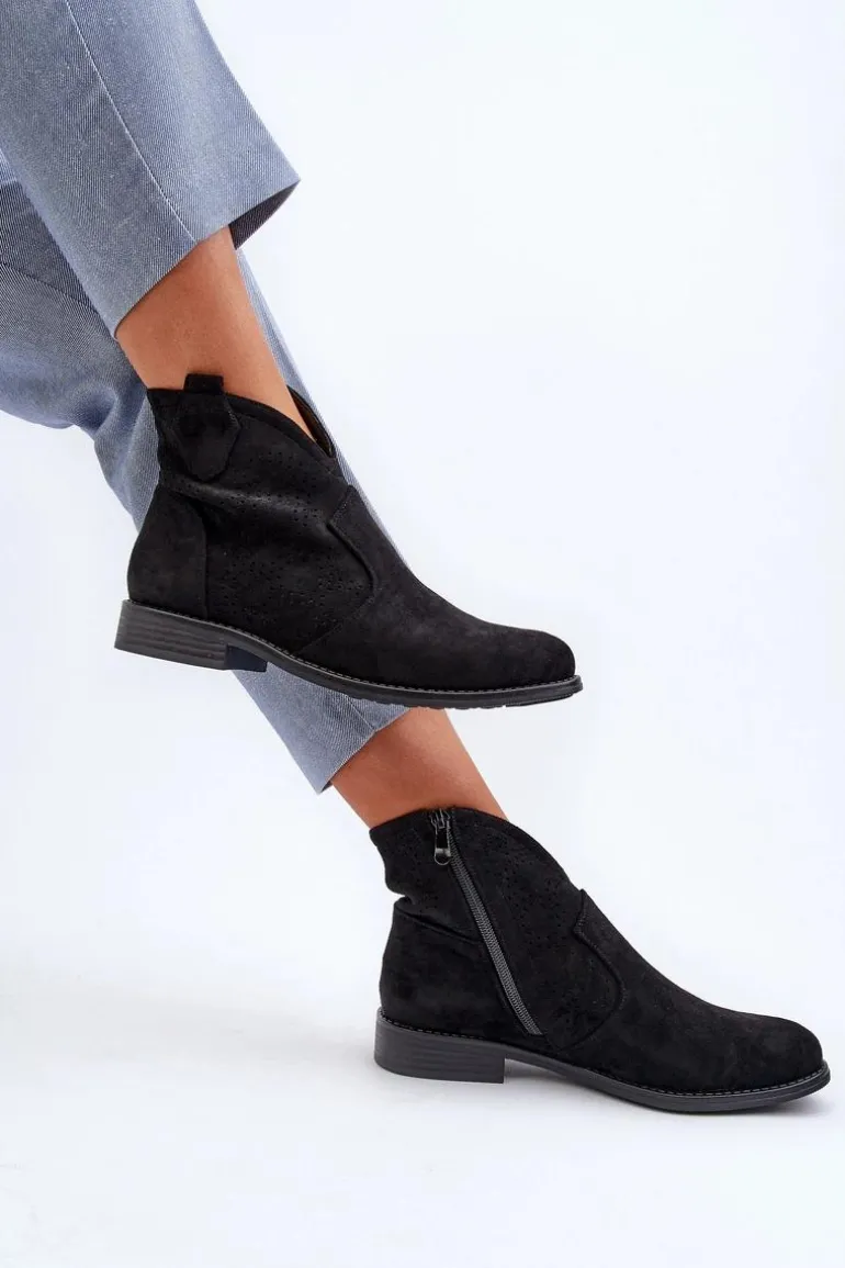 Ażurowe Botki Damskie Na Płaskim Obcasie Czarne S.Barski HY66-151